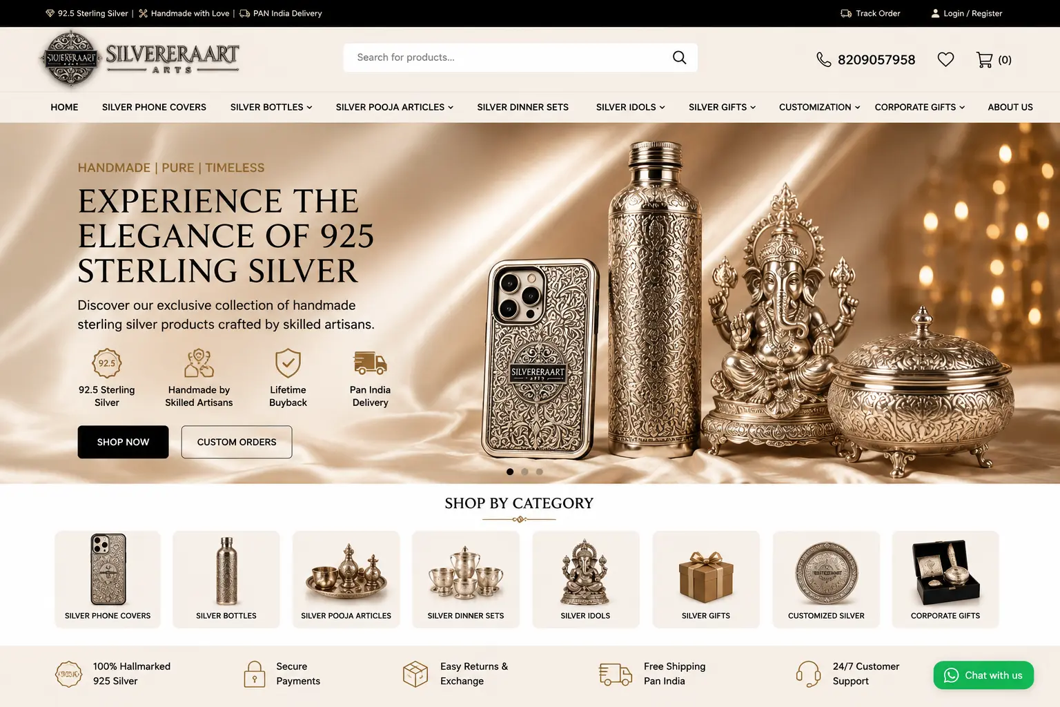 Handmade 925 Sterling Silver Sterling Silver Products Online Silver Phone Covers Silver Bottles Silver Pooja Articles Silver Gifts Silver Home Décor SilverEraArt